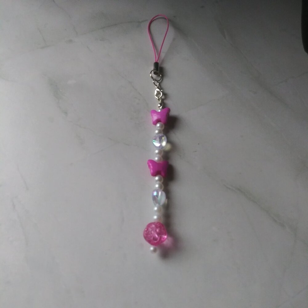 Hot Pink Butterfly Beaded Phone Charm | Iridescent Pearl Strap Accessory
